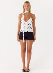 Quiero Backless Top - White Polka Dot