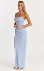 Phoebe Maxi Dress - Strapless Structured Bodice Drape Skirt Dress in Soft Blue