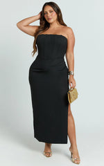 Avery Midi Dress - Strapless Draped Side Split Dress in Black